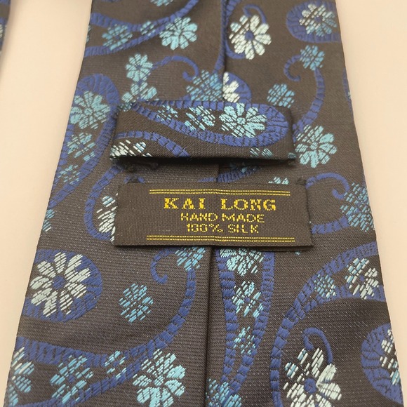 Kai Long 100% Silk Hand Made Blue Paisley Floral Men's Tie - Picture 2 of 4